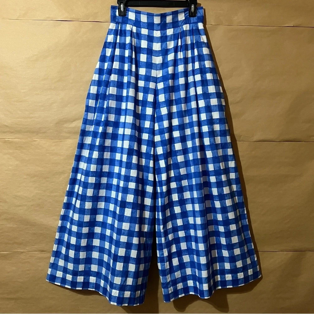 Neubyrne | Paula Pants Wide Leg High Waisted Trousers Flowy Blue Gingham Size M